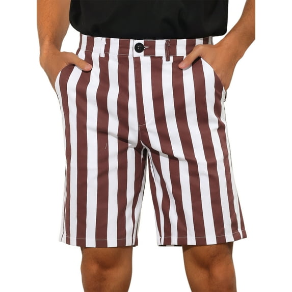 Unique Bargains Men's Striped Shorts Summer Regular Fit Business Flat Front Shorts 36 Burgundy