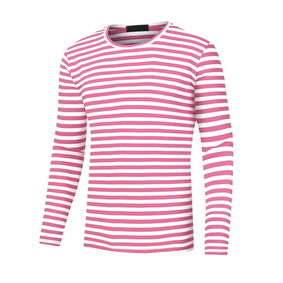 Unique Bargains Men's Striped T-Shirt Crew Neck Long Sleeves Pullover Tee Tops 2XL Pink Wh