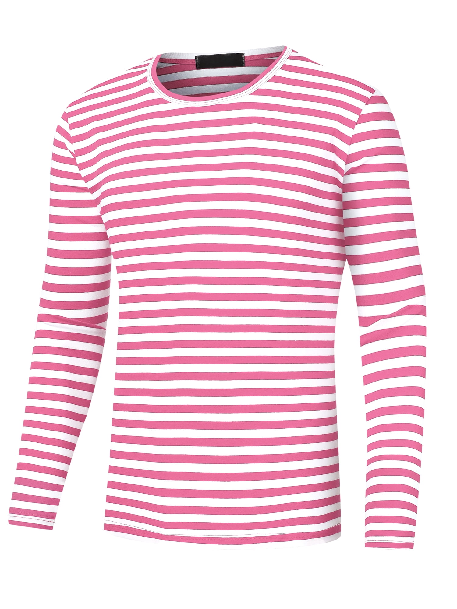 Unique Bargains Men's Striped T-Shirt Crew Neck Long Sleeves Pullover Tee Tops M Pink W