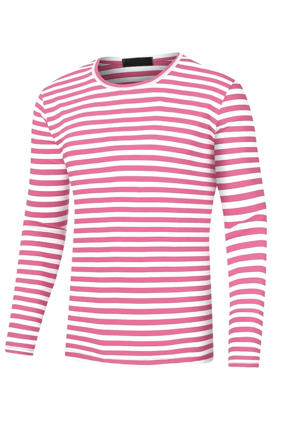 Men's Striped T-Shirt Crew Neck Long Sleeves Pullover Tee Tops S Pink White