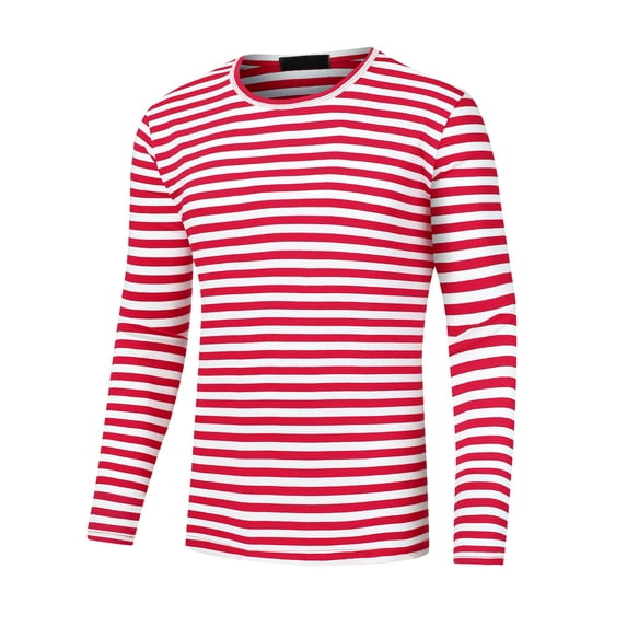 Unique Bargains Men's Striped T-Shirt Crew Neck Long Sleeves Pullover Tee Tops S Red White