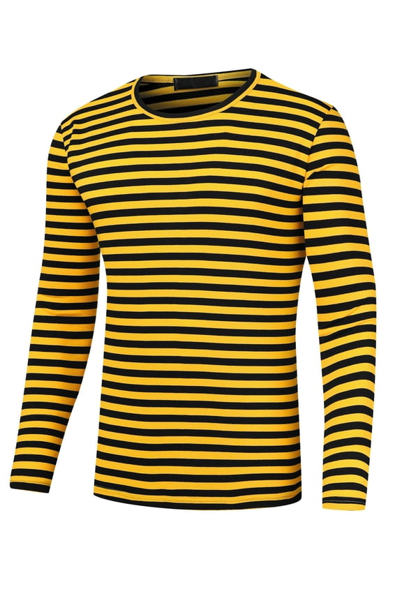 Men's Striped T-Shirt Crew Neck Long Sleeves Pullover Tee Tops S Yellow Black