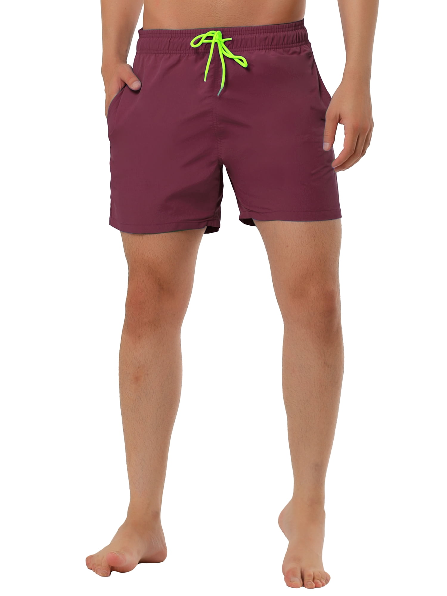 Unique Bargains Men's Summer Beach Shorts Mesh Lining Drawstring Waist Swim Shorts 32 Burgundy