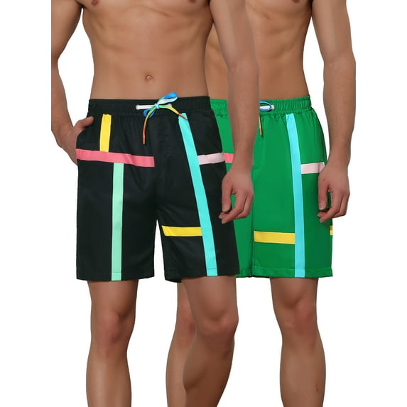 Unique Bargains Men's Summer Colorful Drawstring Elastic Waist Beach Board Shorts 2 Pack 36 Black Green
