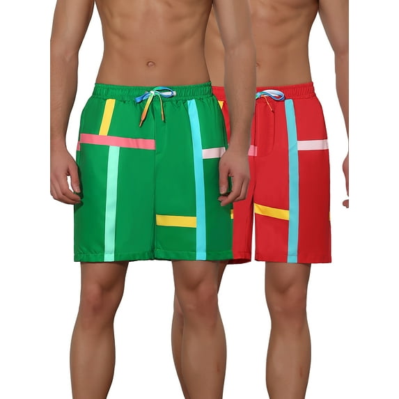 Unique Bargains Men's Summer Colorful Drawstring Elastic Waist Beach Board Shorts 2 Pack 36 Green Red