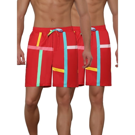 Unique Bargains Men's Summer Colorful Drawstring Elastic Waist Beach Board Shorts 2 Pack 36 Red