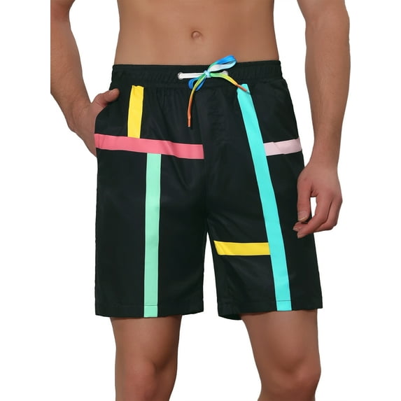 Unique Bargains Men's Summer Colorful Drawstring Elastic Waist Beach Board Shorts 28 Black