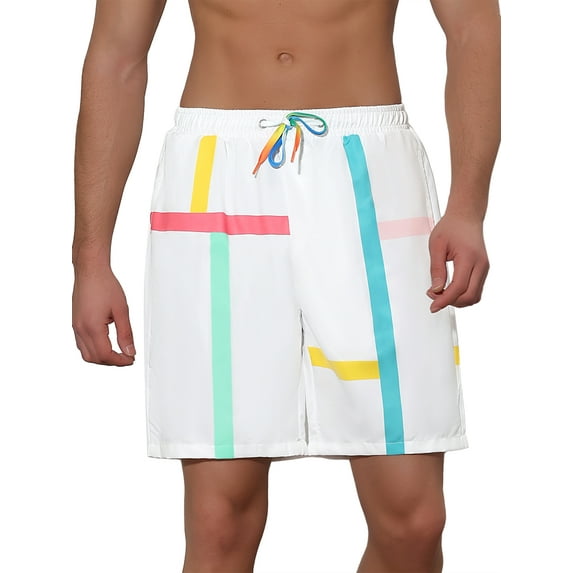 Unique Bargains Men's Summer Colorful Drawstring Elastic Waist Beach Board Shorts 28 White