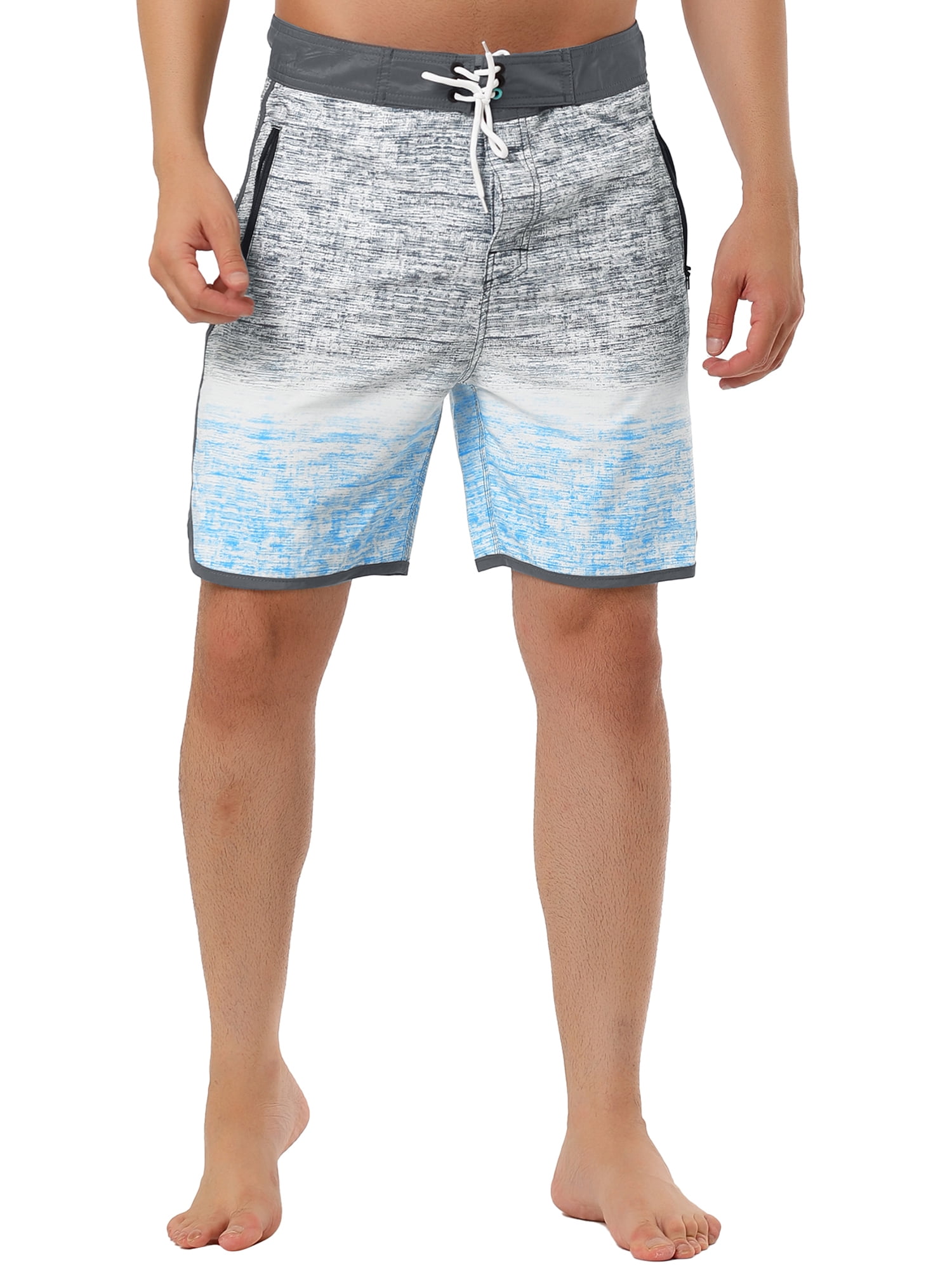 Unique Bargains Men's Summer Drawstring Contrast Color Printed Beach Boardshorts 34 Gray Blue