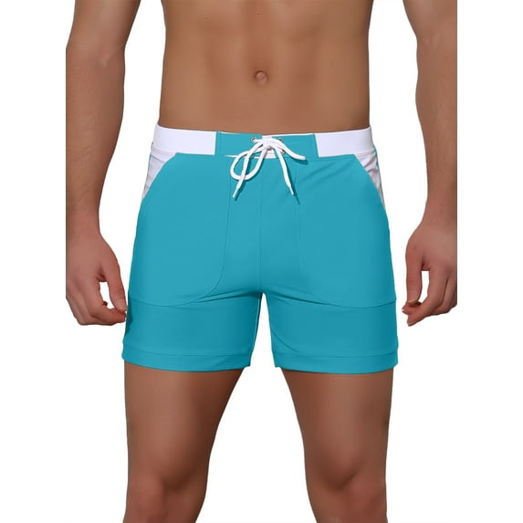 Unique Bargains Men's Summer Holiday Contrast Color Drawstring Waist Beach Board Shorts 28 Blue