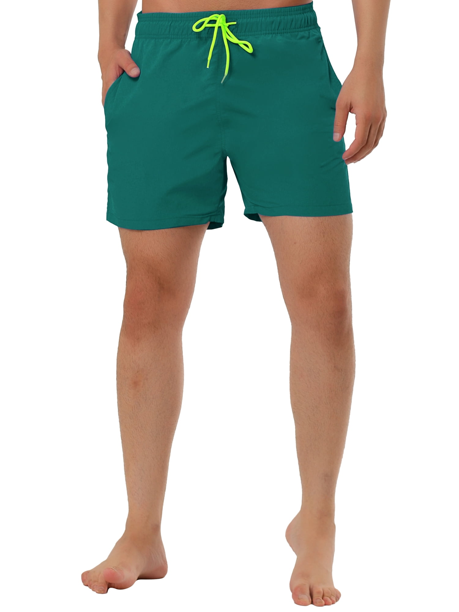 Unique Bargains Men's Summer Holiday Mesh Lining Drawstring Waist Solid Board Shorts 28 Dark Green