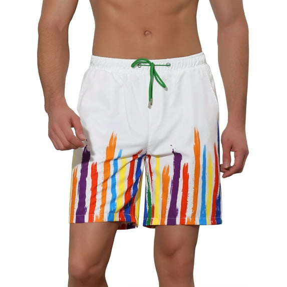 Unique Bargains Men's Summer Lightweight Elastic Waist Colorful Printed Board Shorts 32 White