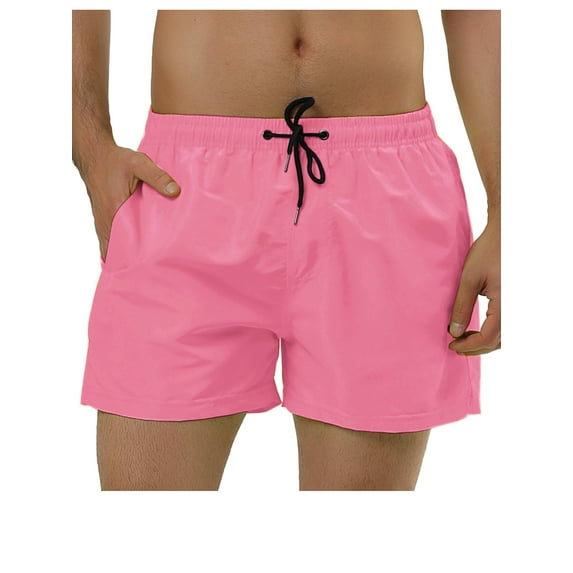 Unique Bargains Men's Summer Lightweight Solid Color Mesh Lining Beach Swim Shorts 34 Pink