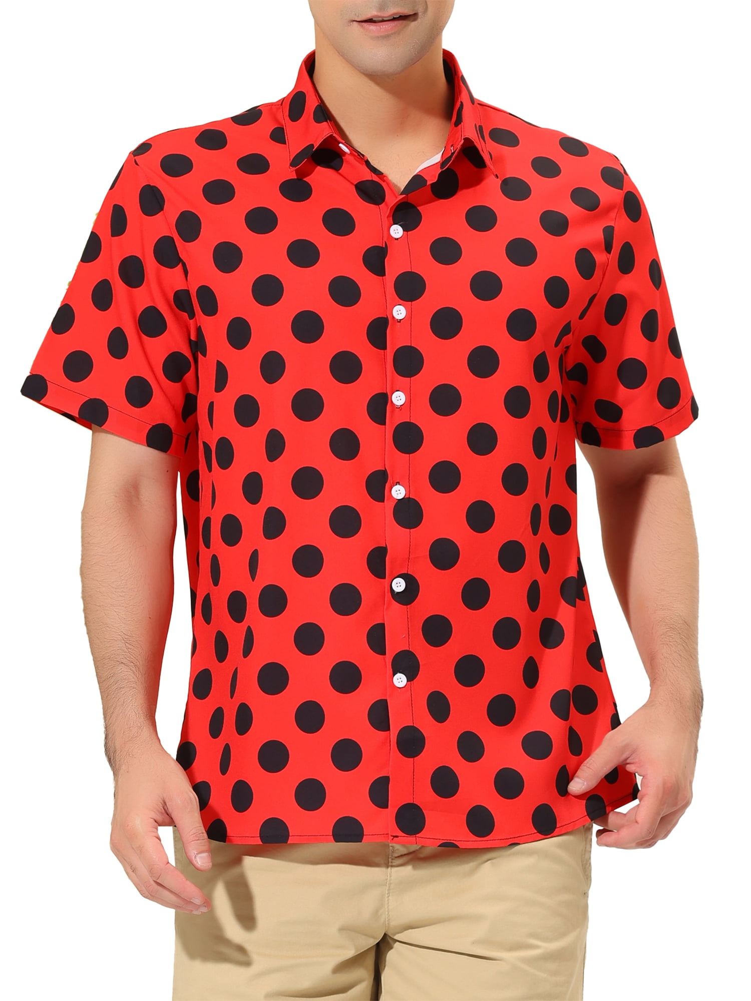 Unique Bargains Men's Summer Polka Dots Shirt Button Down Short Sleeves Shirts L Red