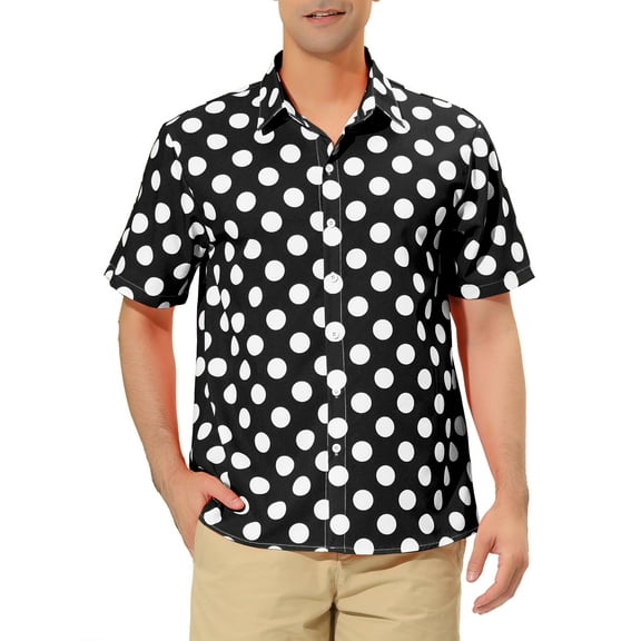 Unique Bargains Men's Summer Polka Dots Shirt Button Down Short Sleeves Shirts S Black