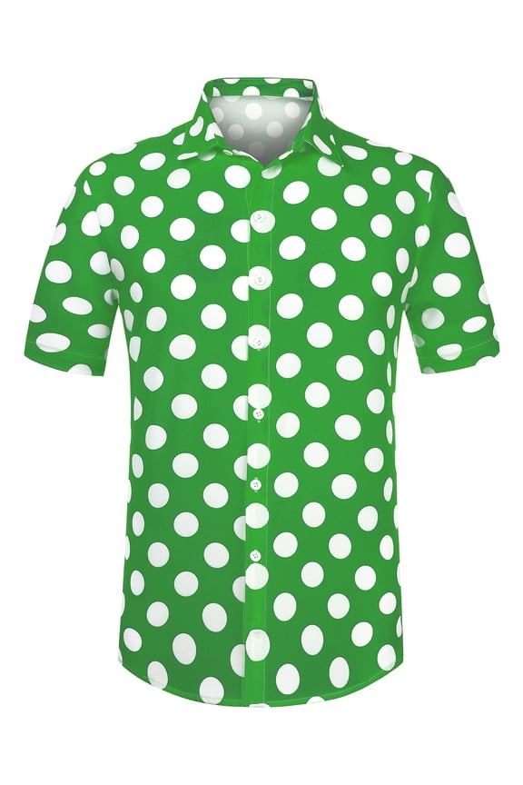 Men's Summer Polka Dots Shirt Button Down Short Sleeves Shirts S Green