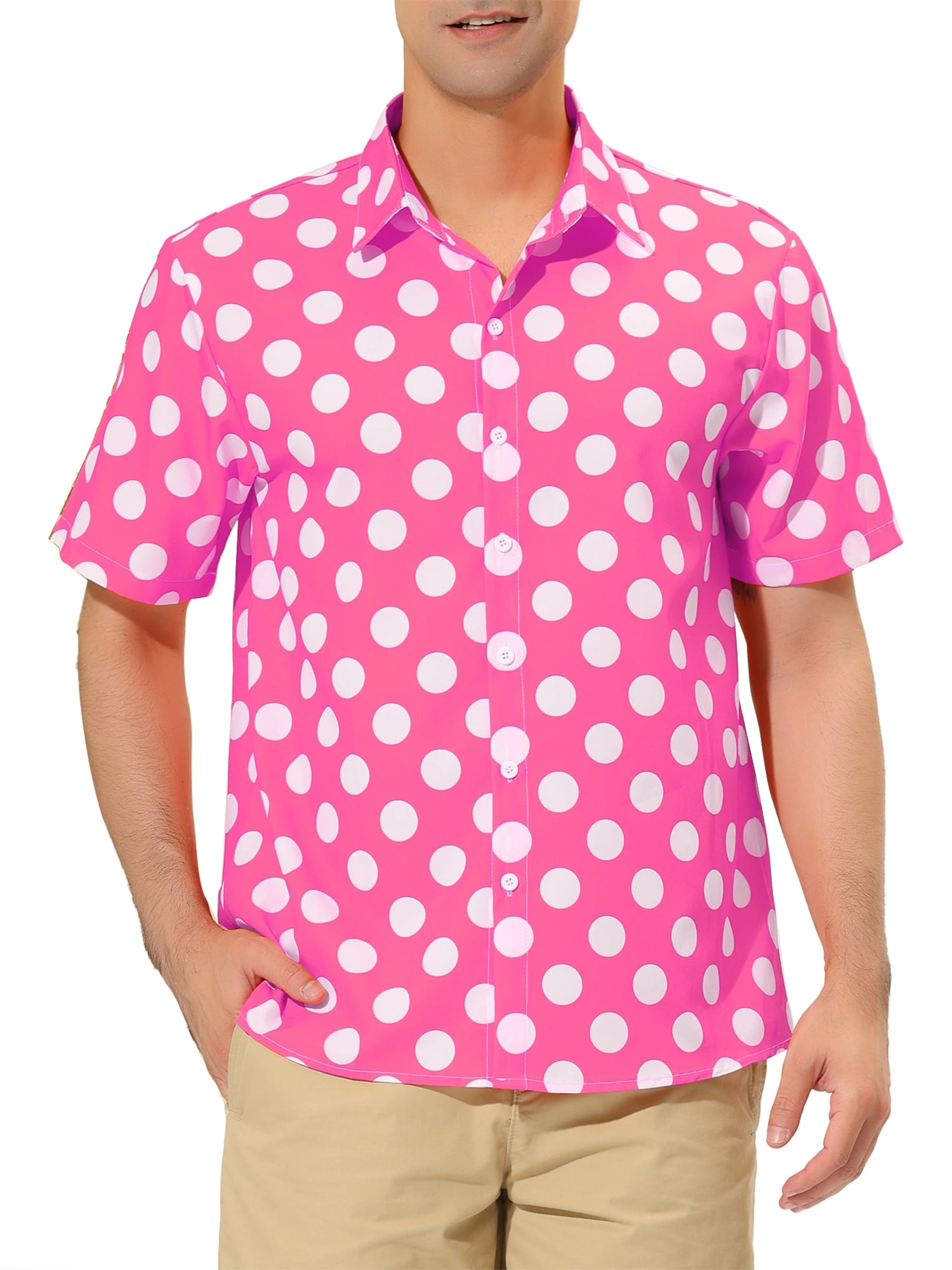 Unique Bargains Men's Summer Polka Dots Shirt Button Down Short Sleeves Shirts S Pink