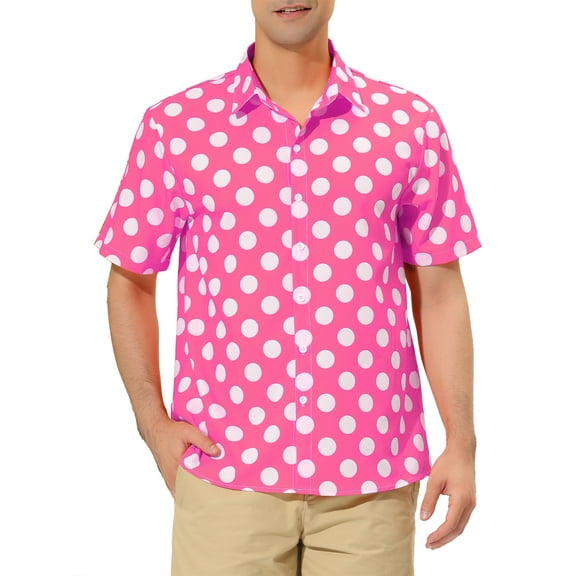 Unique Bargains Men's Summer Polka Dots Shirt Button Down Short Sleeves Shirts S Pink