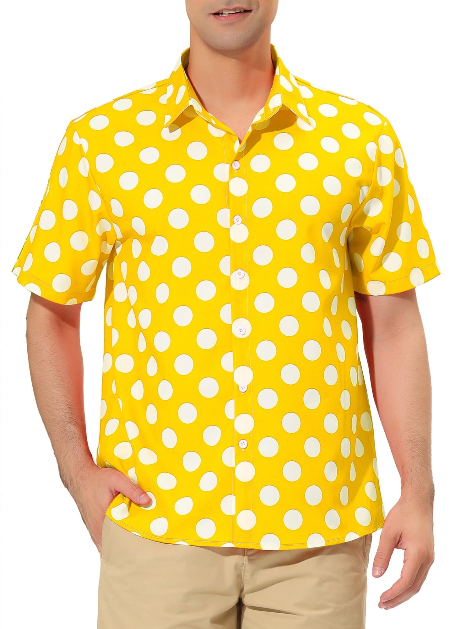 Unique Bargains Men's Summer Polka Dots Shirt Button Down Short Sleeves Shirts XL Yellow