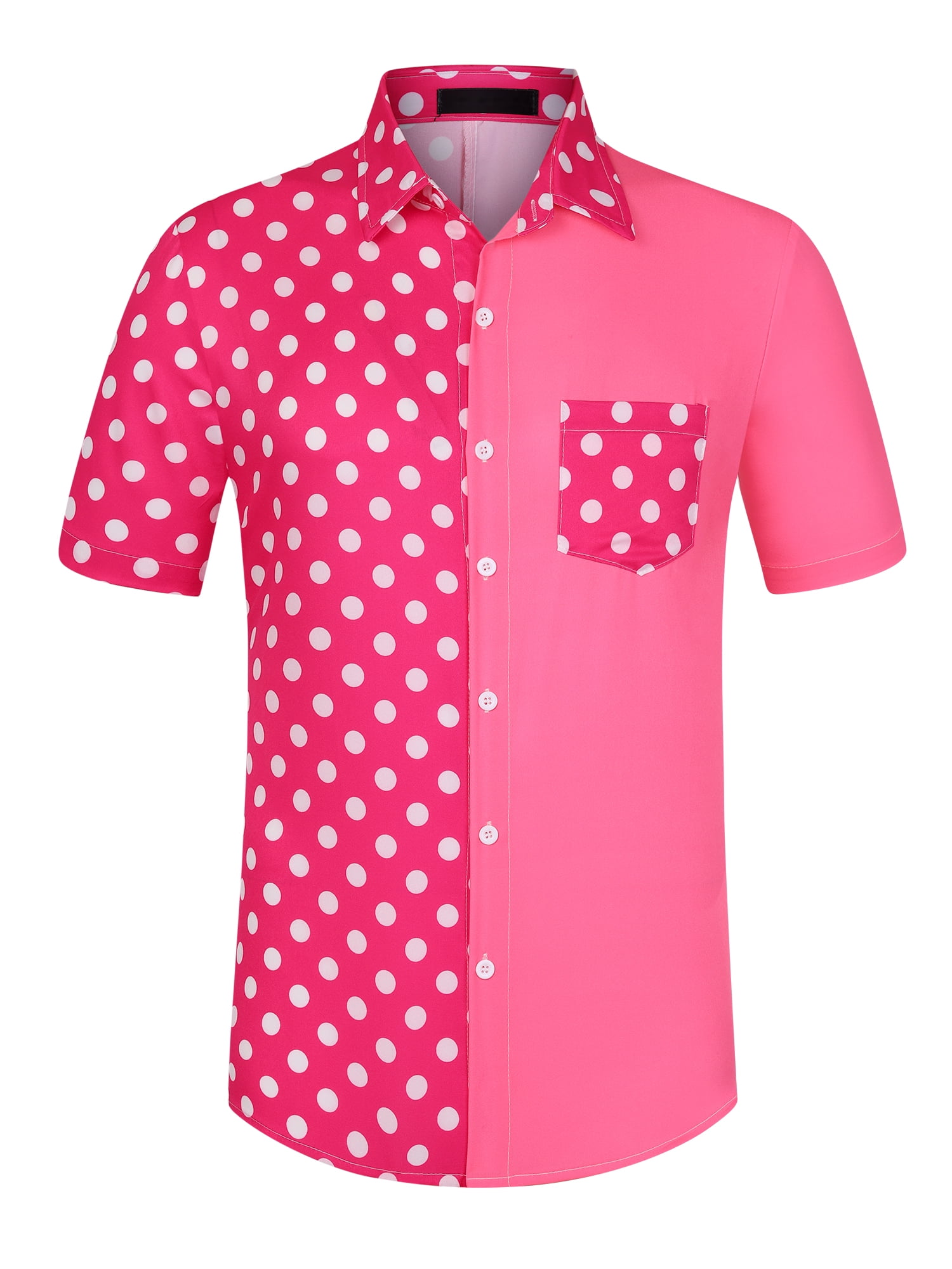 Unique Bargains Men's Summer Polka Dots Short Sleeves Button Down Patchwork Shirt S Pink
