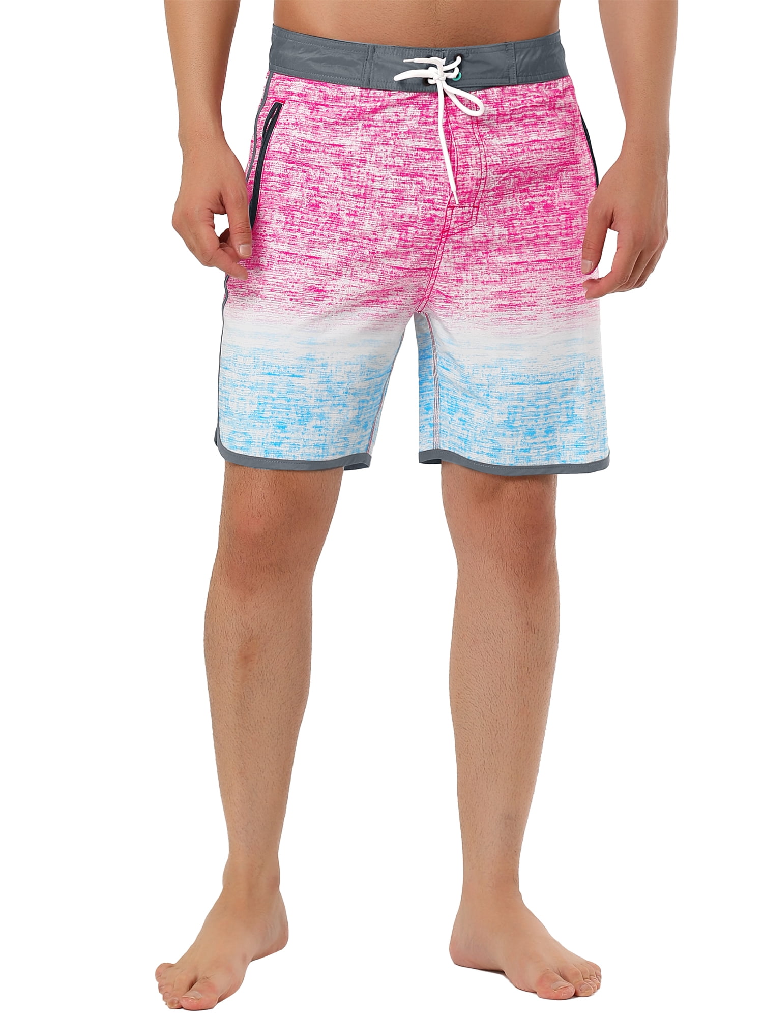 Unique Bargains Men's Summer Printed Drawstring Color Block Swim Beach Shorts 30 Pink Blue