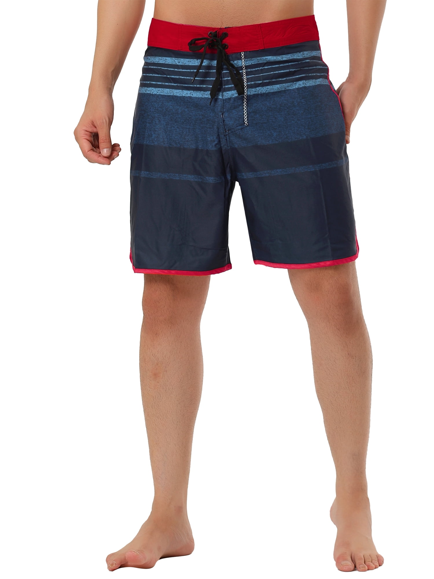 Unique Bargains Men's Summer Printed Drawstring Color Block Swim Beach Shorts 30 Red Navy