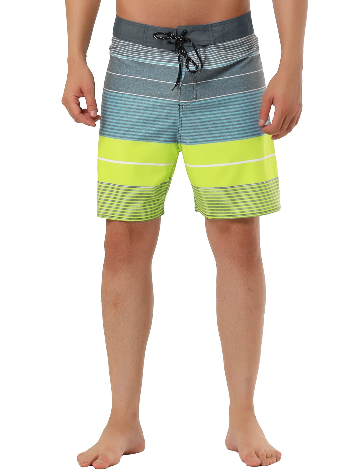 Unique Bargains Men's Summer Printed Drawstring Color Block Swim Beach Shorts 30 Yellow Blue