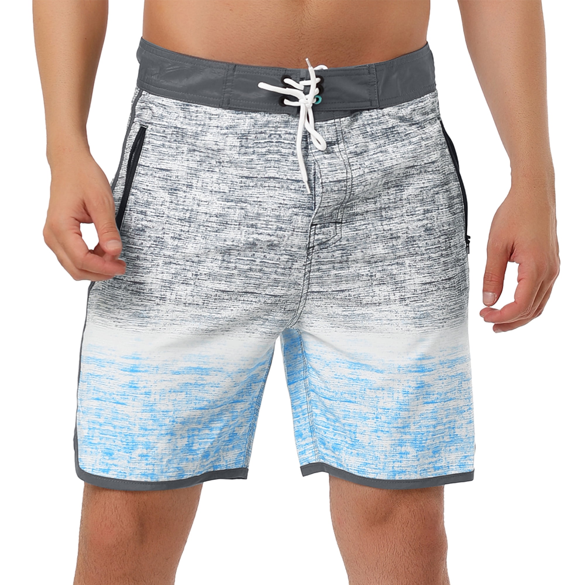 Unique Bargains Men's Summer Printed Drawstring Color Block Swim Beach Shorts 32 Gray Blue