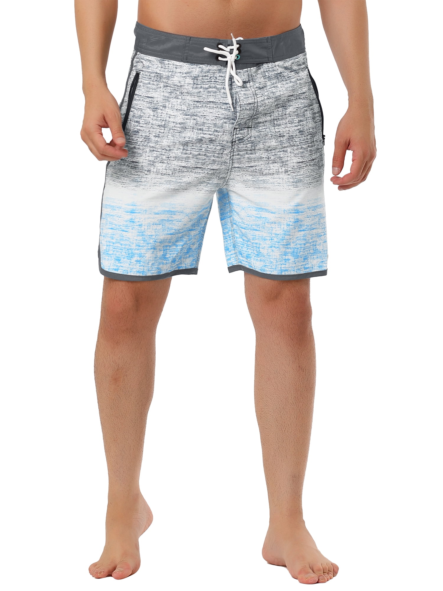 Unique Bargains Men's Summer Printed Drawstring Color Block Swim Beach Shorts 36 Gray Blue