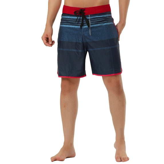 Unique Bargains Men's Summer Printed Drawstring Color Block Swim Beach Shorts 30 Red Navy