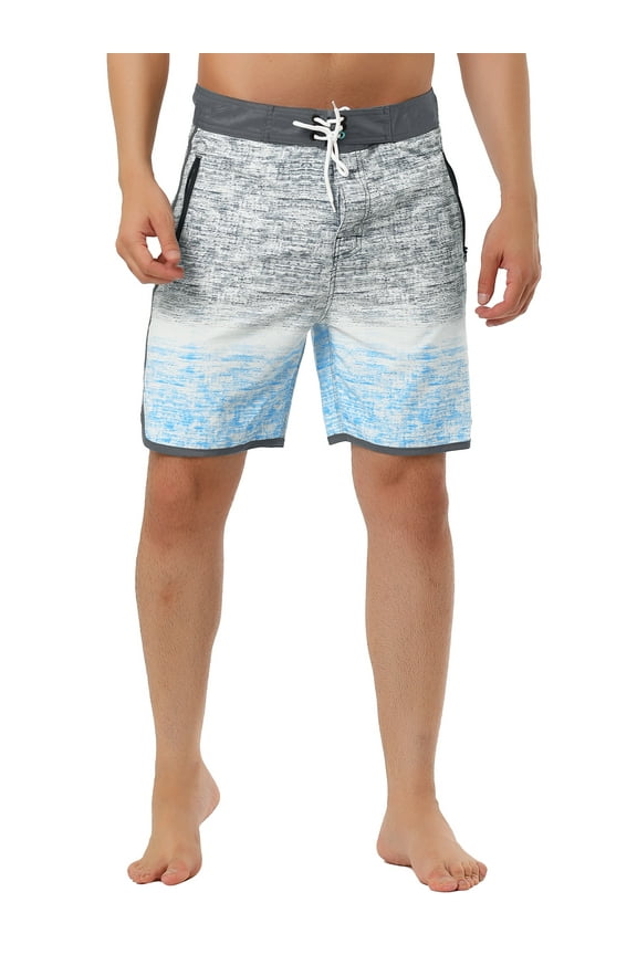 Men's Summer Printed Drawstring Color Block Swim Beach Shorts 30 Gray Blue