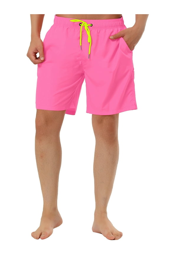 Men's Summer Solid Color Beach Drawstring Waist Mesh Lining Swim Shorts 32 Pink