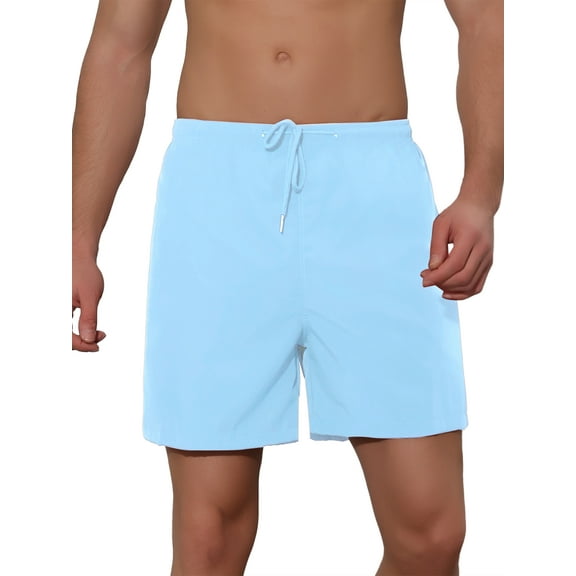 Unique Bargains Men's Summer Solid Color Drawstring Elastic Waistband Swim Beach Shorts 30 Blue