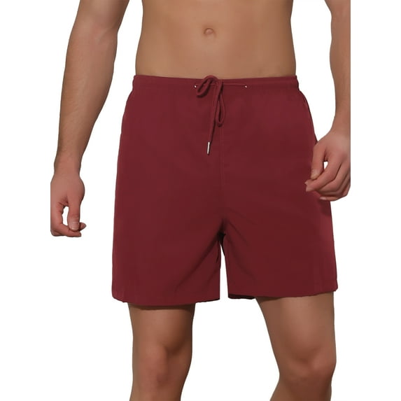 Unique Bargains Men's Summer Solid Color Elastic Waistband Swim Beach Shorts 32 Red