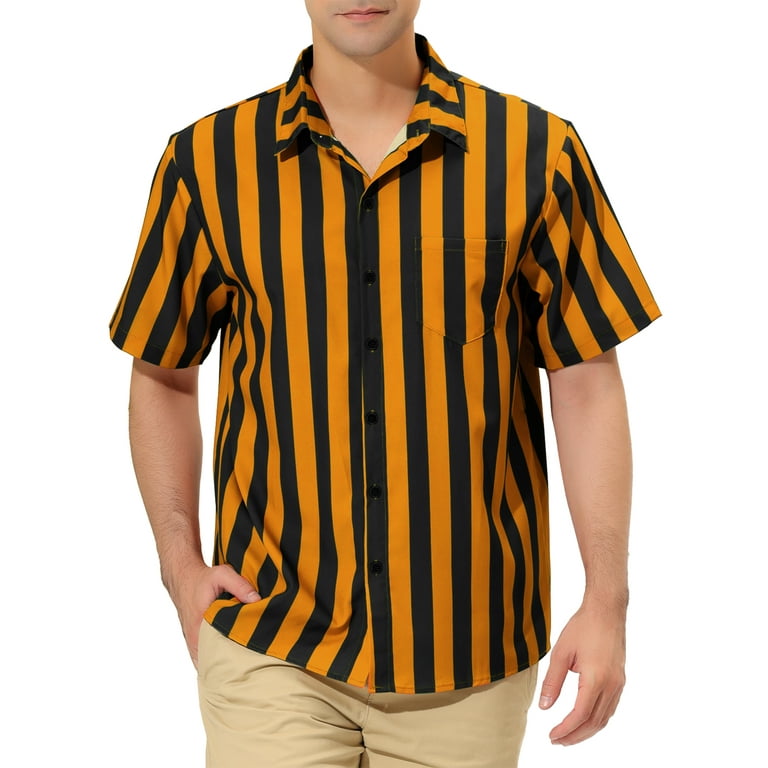 Unique Bargains Men s Summer Stripe Collared Short Sleeves Color Block Shirt M Black Yellow Walmart