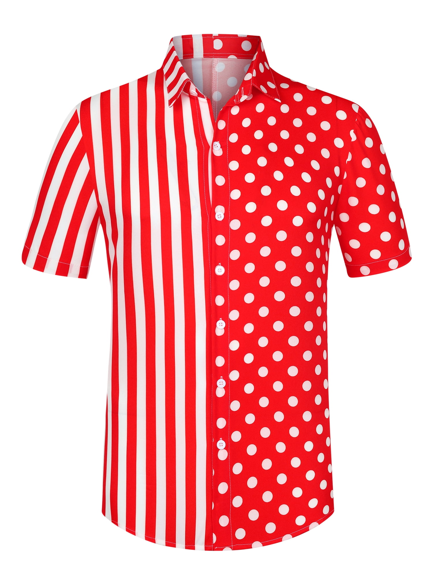 Unique Bargains Men's Summer Stripe Polka Dots Short Sleeves Button Patchwork Shirt S Red White