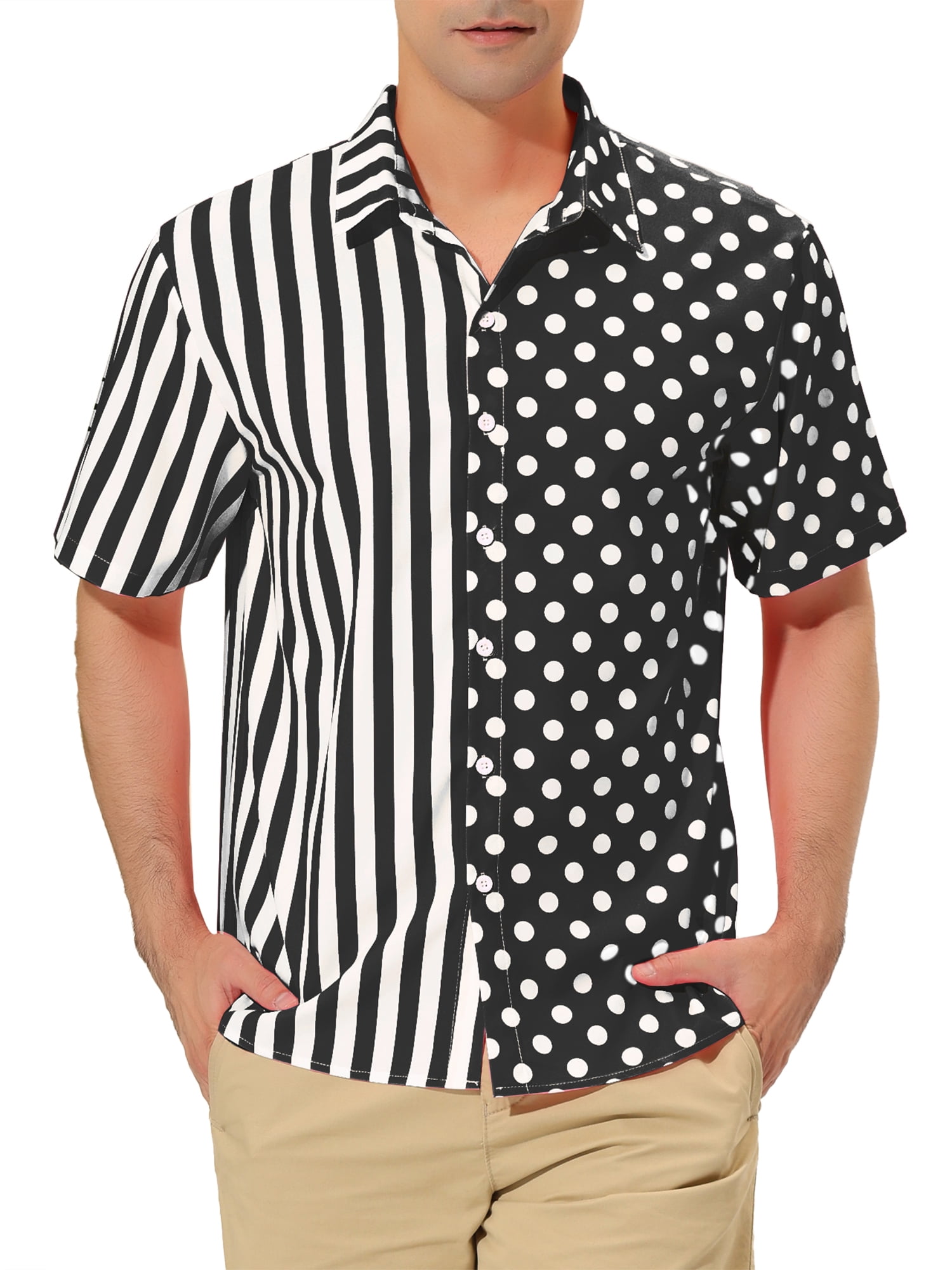 Unique Bargains Men's Summer Stripe Polka Dots Short Sleeves Button Patchwork Shirt XL Black White