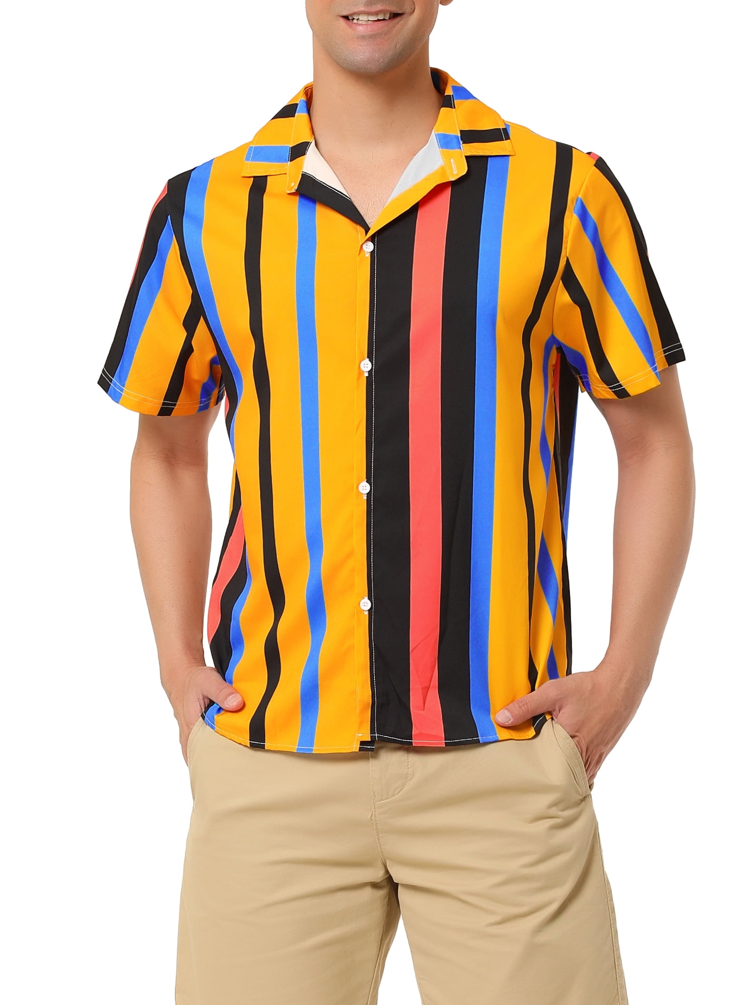 Unique Bargains Men's Summer Striped Shirt Short Sleeve Button Down Beach Shirts L Orange Black Blue