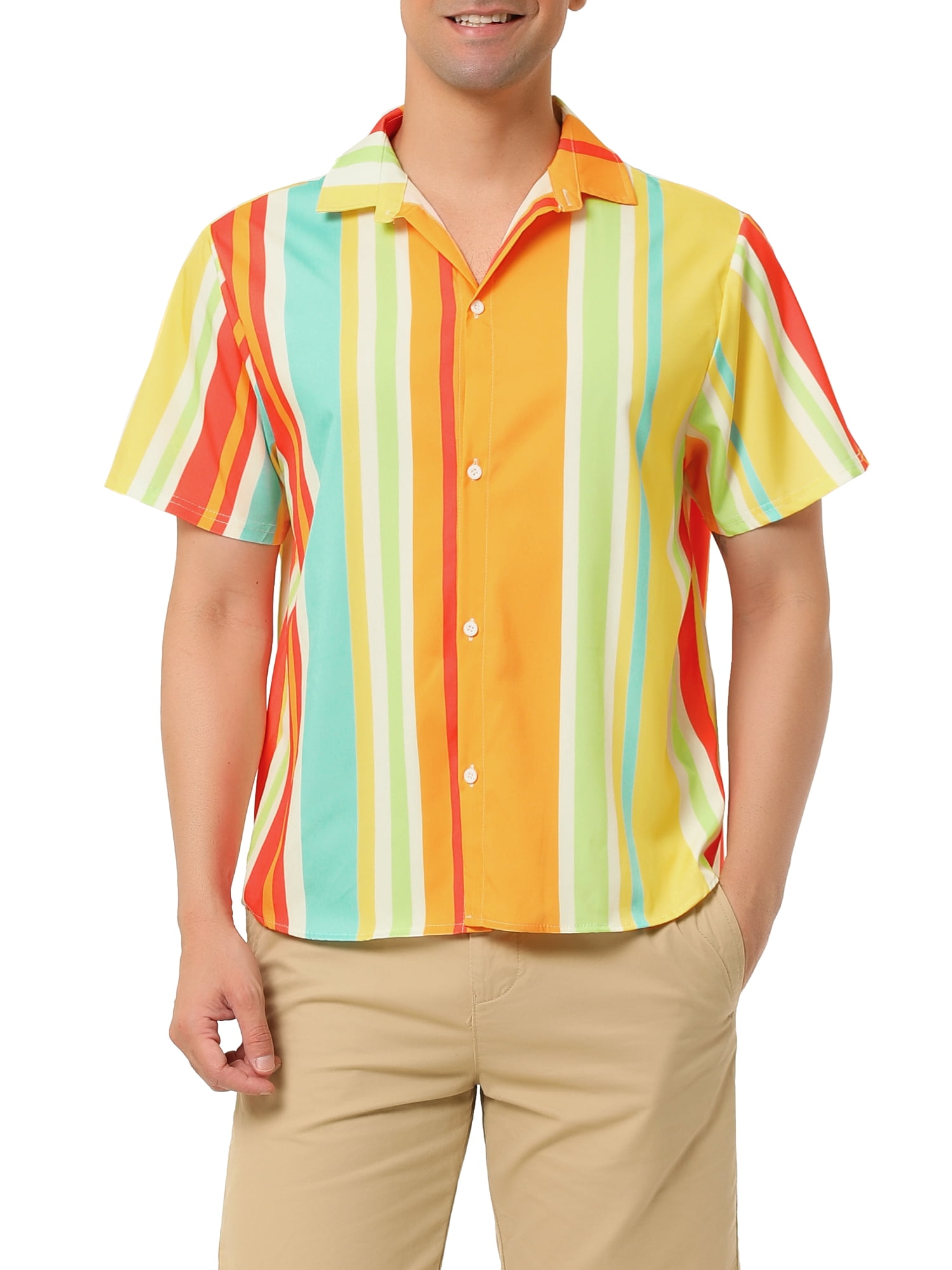 Unique Bargains Men's Summer Striped Shirt Short Sleeve Button Down Beach Shirts S Orange Green Yellow