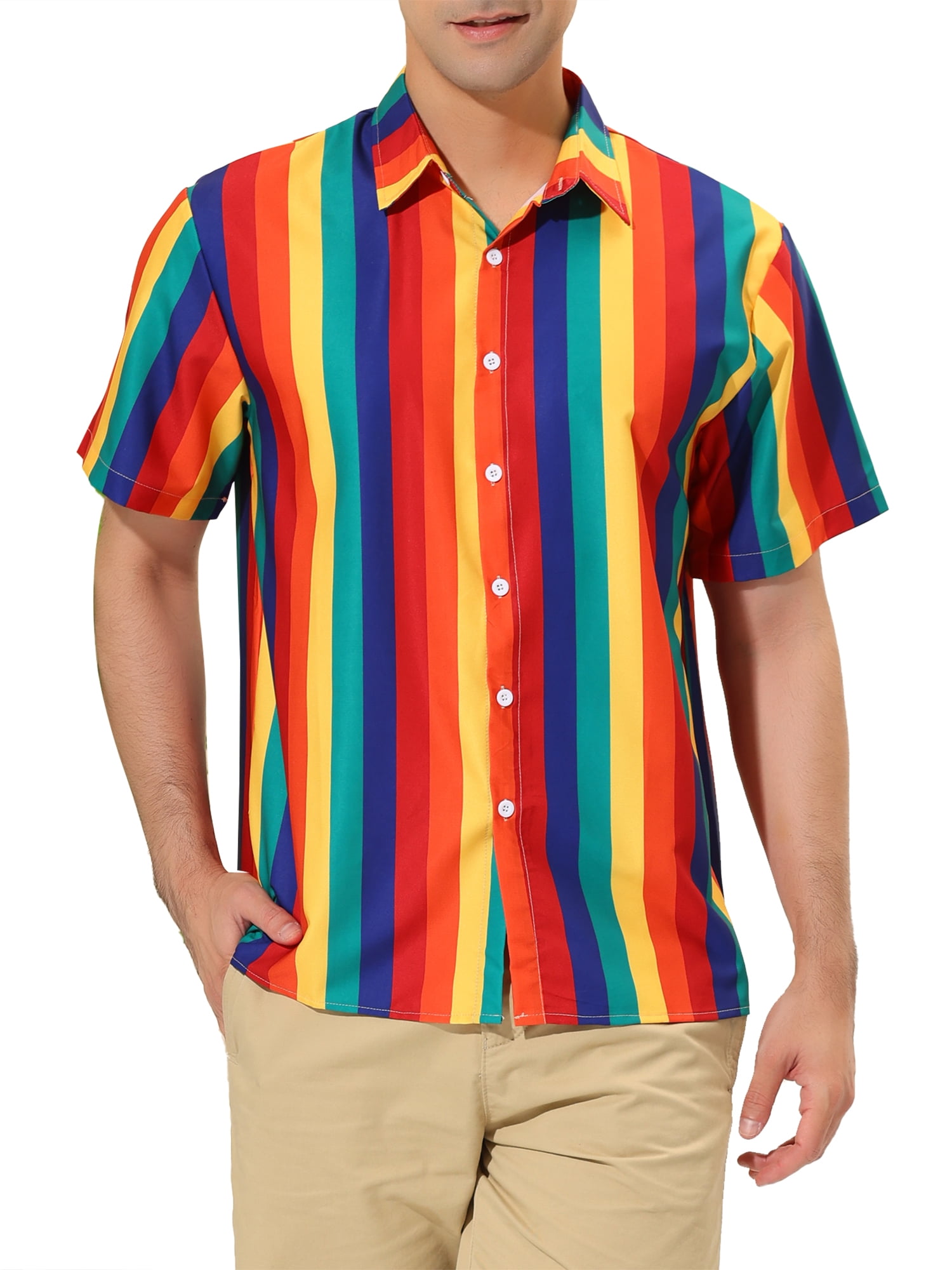 Unique Bargains Men's Summer Striped Shirt Short Sleeve Button Down Beach Shirts S Rainbow Yellow