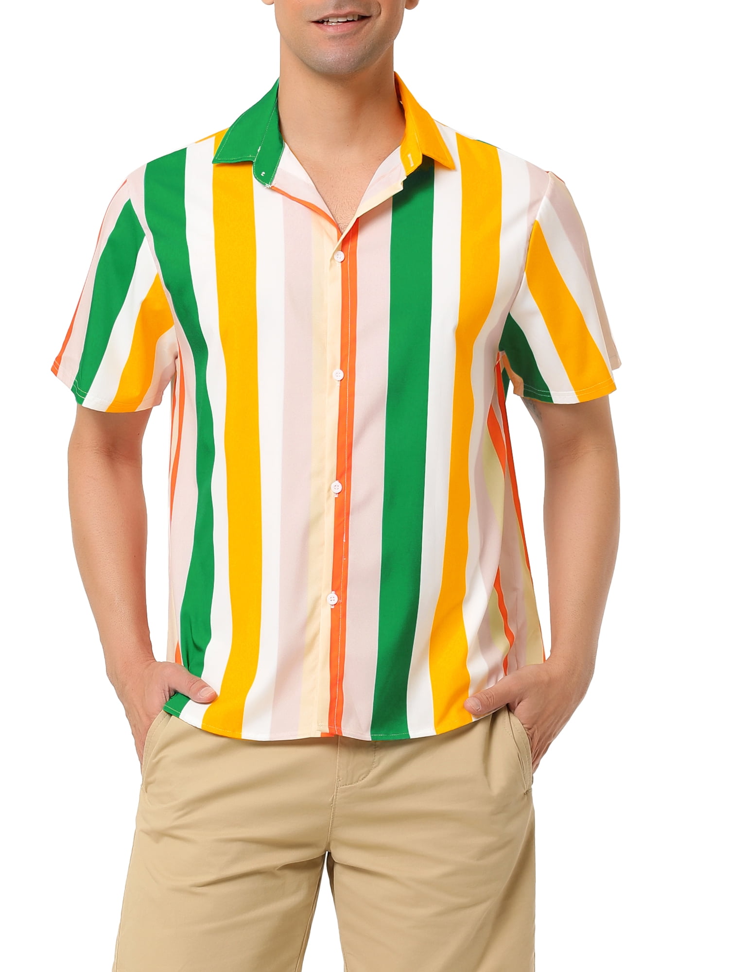 Unique Bargains Men's Summer Striped Shirt Short Sleeve Button Down Beach Shirts XL Pink Green Orange