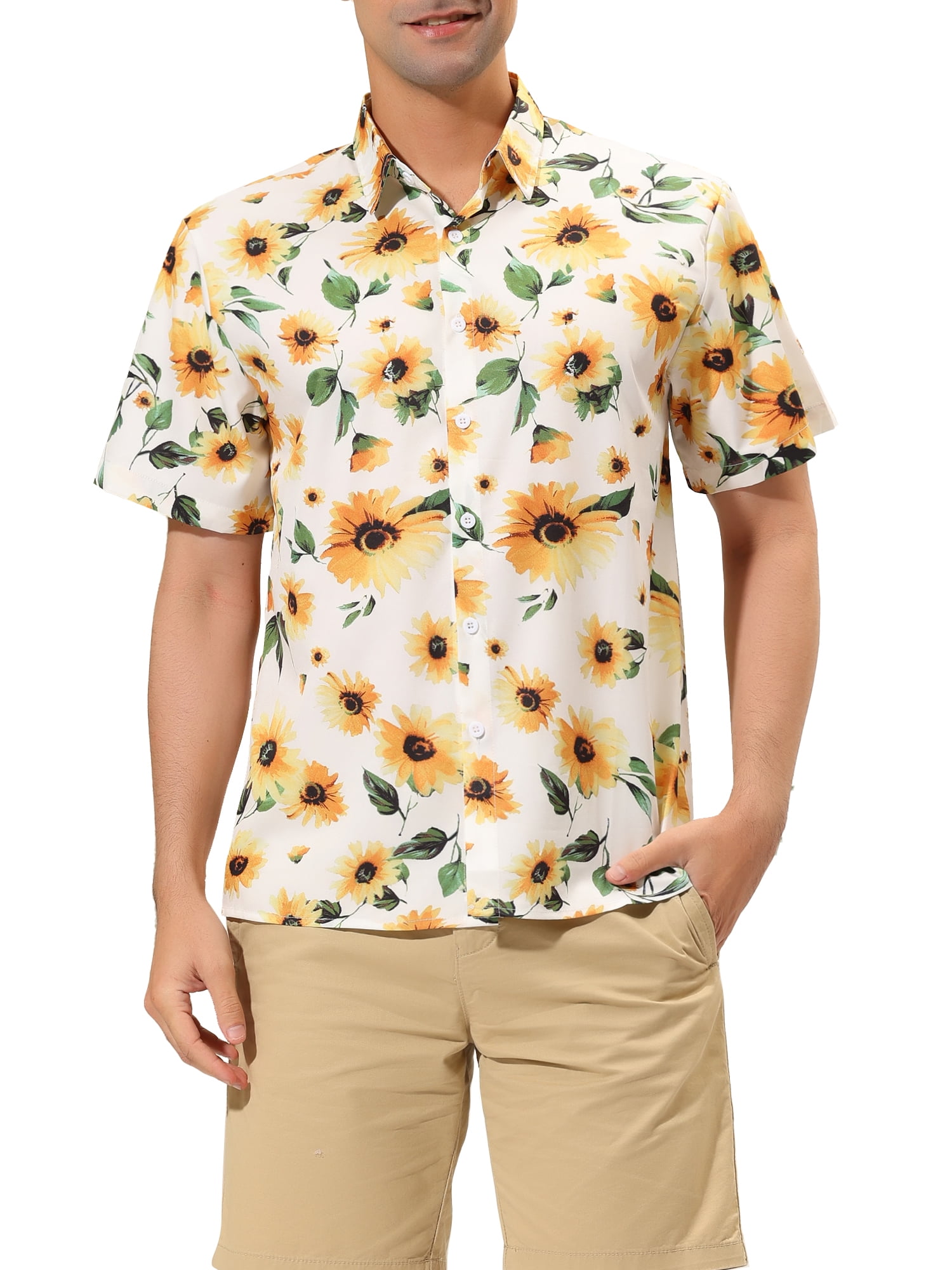 Unique Bargains Men's Summer Sunflower Printed Short Sleeve Button Down Shirt M White