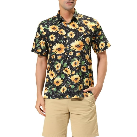 Unique Bargains Men's Summer Sunflower Printed Short Sleeve Button Down Shirt S Black Yellow