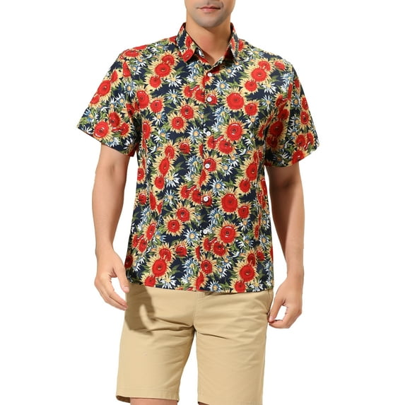 Unique Bargains Men's Summer Sunflower Printed Short Sleeve Button Down Shirt XL Navy Red