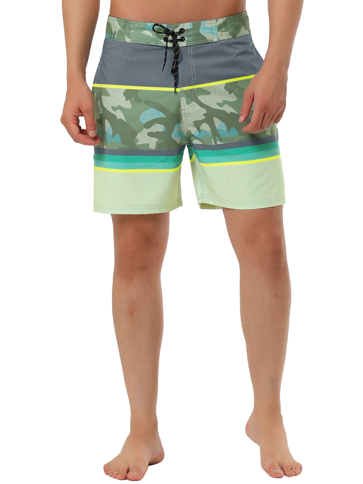 Unique Bargains Men's Summer Swim Color Block Drawstring Beach Board Shorts 30 Beige Camo