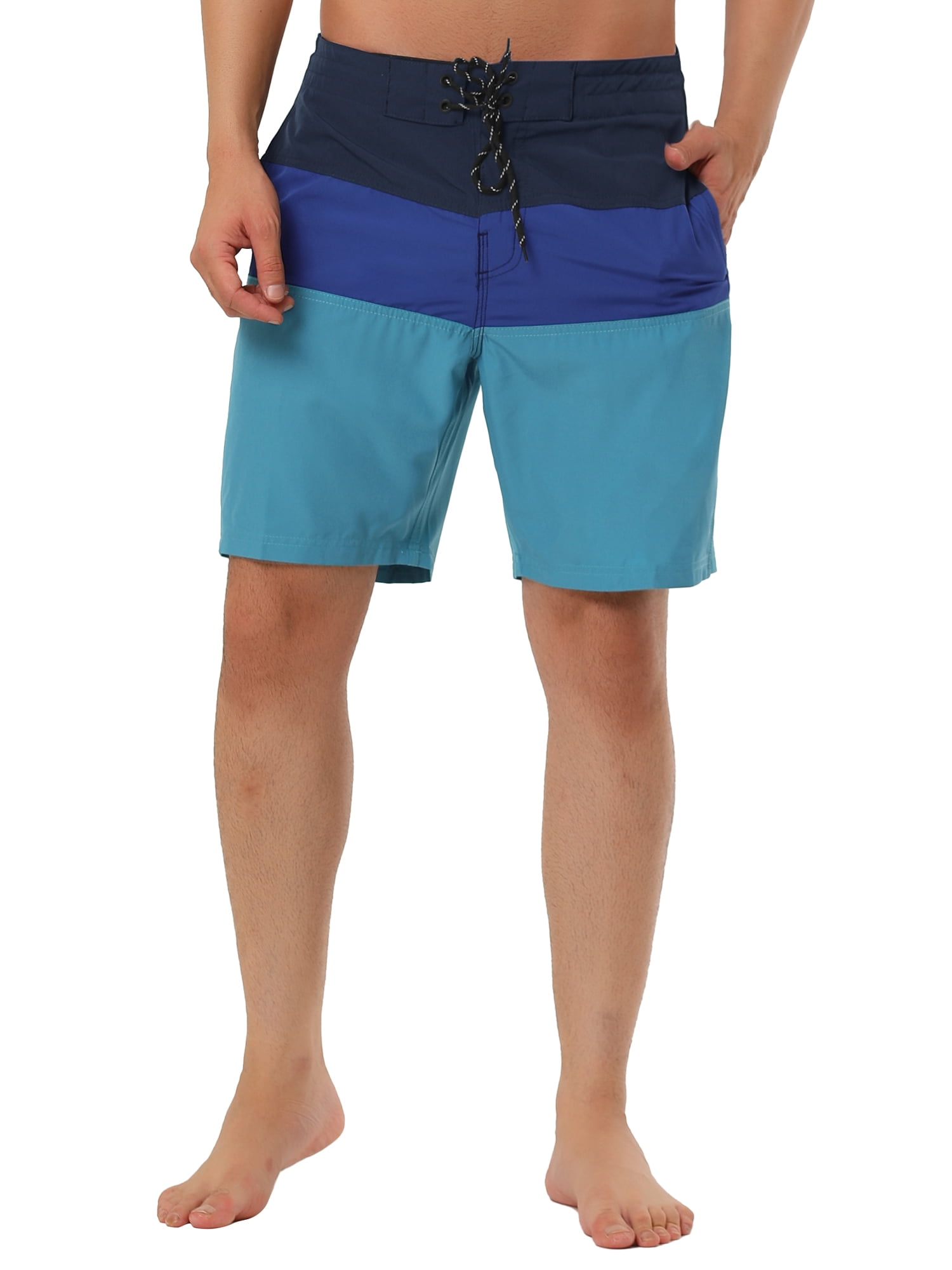 Unique Bargains Men's Summer Swim Color Block Drawstring Beach Board Shorts 32 Blue Black