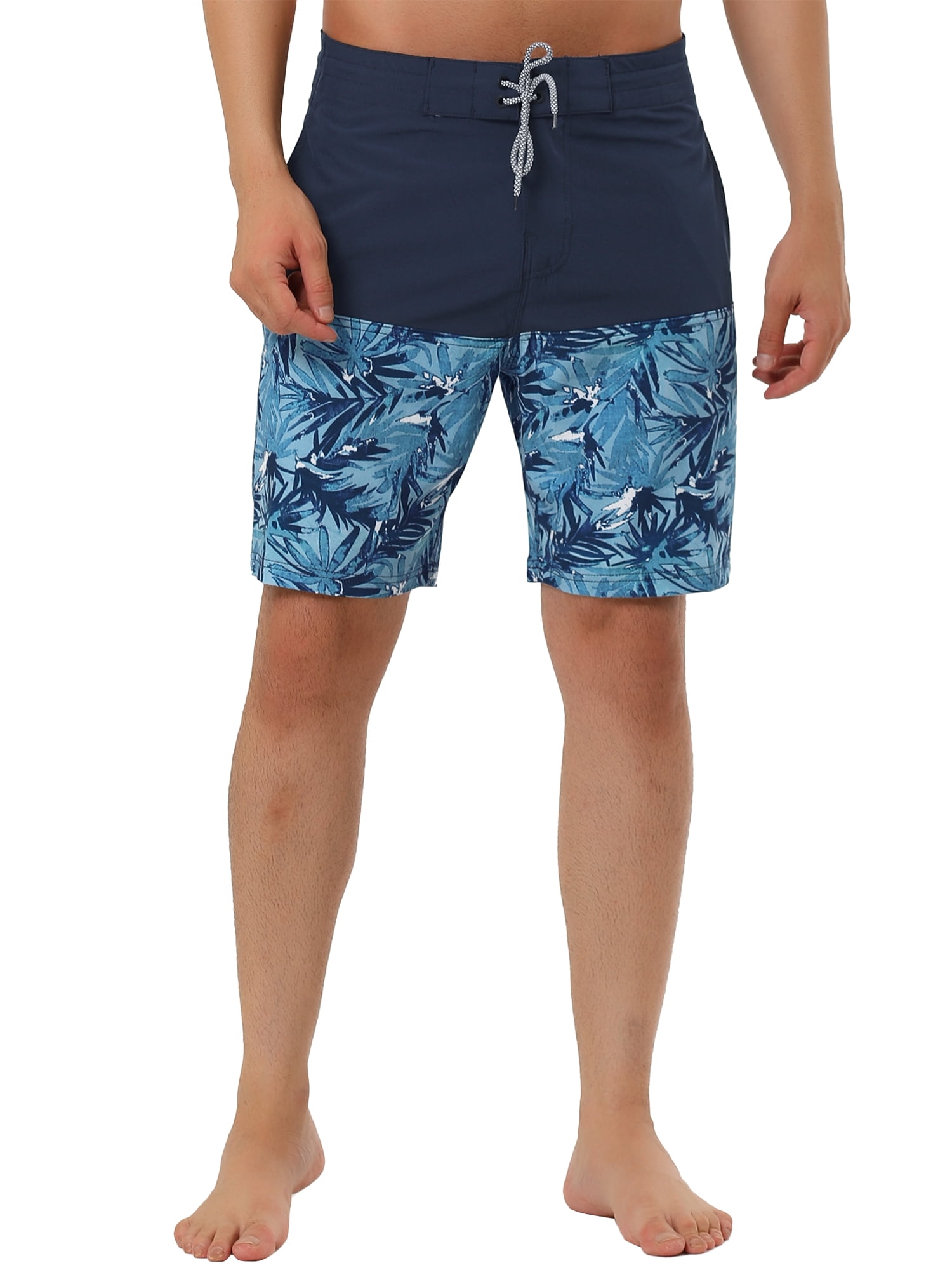 Unique Bargains Men's Summer Swim Color Block Drawstring Beach Board Shorts 32 Navy Leaf