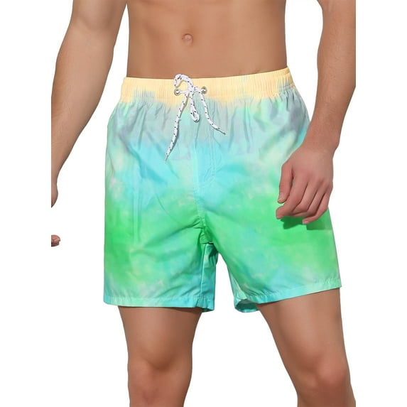 Unique Bargains Men's Tie Dye Printed Elastic Waistband Vacation Swim Trunks Green 28