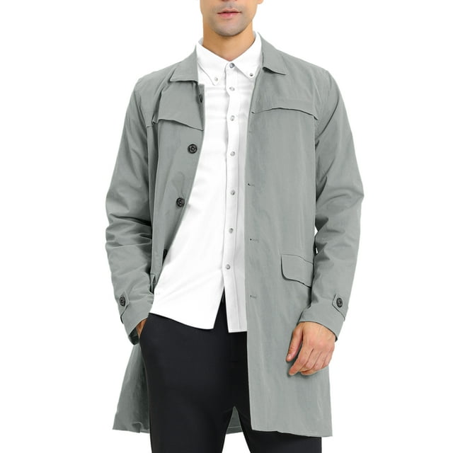 Unique Bargains Men's Trench Coat Lightweight Single Breasted Jacket Overcoat L Light Gray