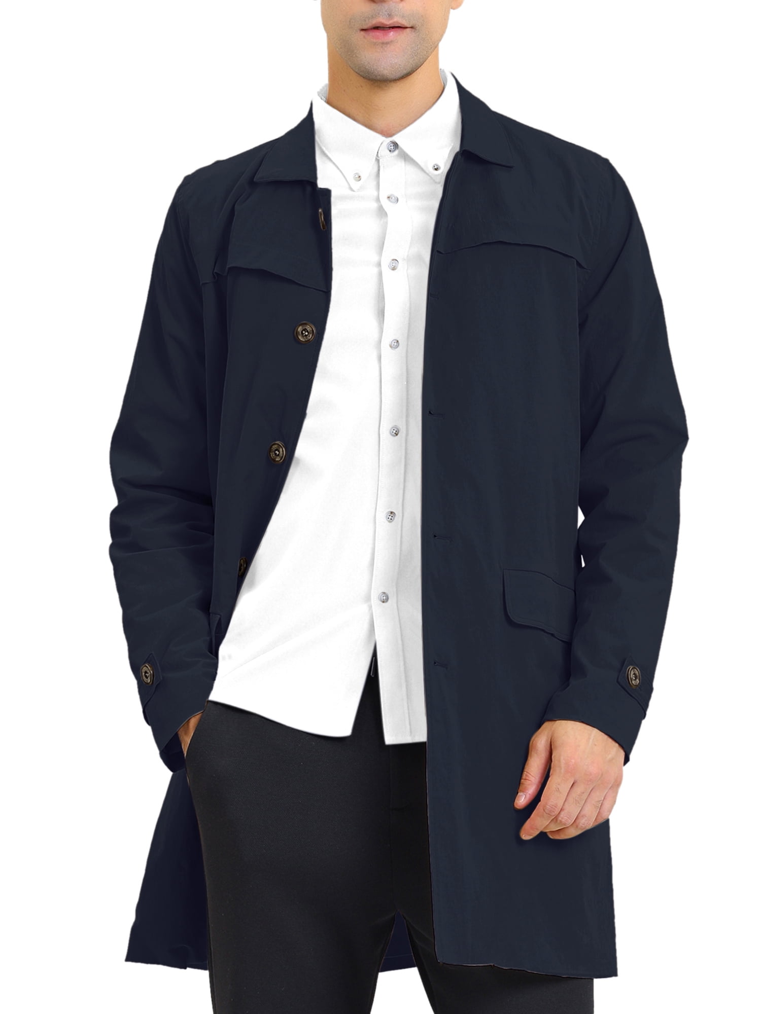 Unique Bargains Men s Trench Coat Lightweight Single Breasted Jacket Overcoat M Navy Blue Walmart